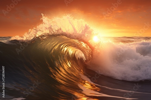 Majestic Wave in the Ocean With a Sunset Background