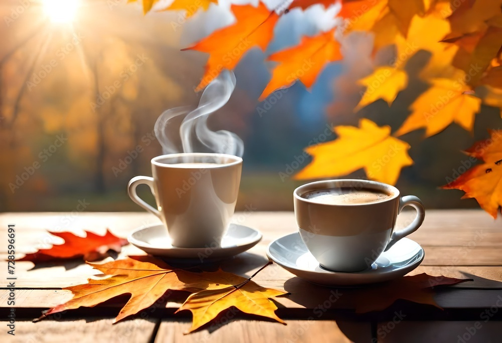 Autumn leaves and hot steaming cup of coffee. Wooden table on sun light background. Fall time concept