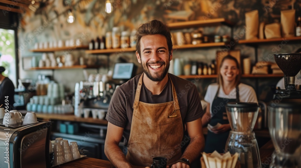 Man Standing Behind Counter in Coffee Shop