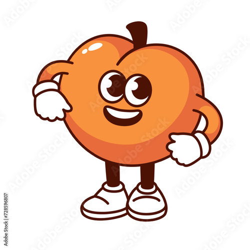 Groovy cartoon peach character with cheerful face. Funny retro emoji with arms and legs, sweet peach mascot standing and smiling, cartoon juicy fruit sticker of 70s 80s style vector illustration