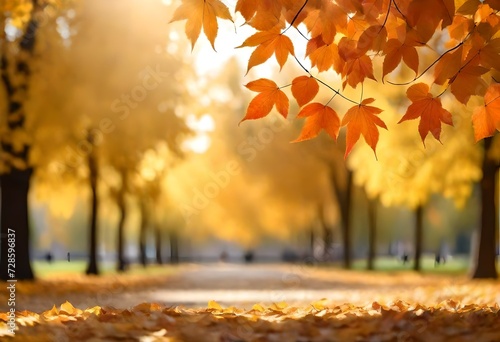 Beautiful orange and yellow autumn leaves against a blurry park in sunlight with beautiful bokeh. Natural autumn background