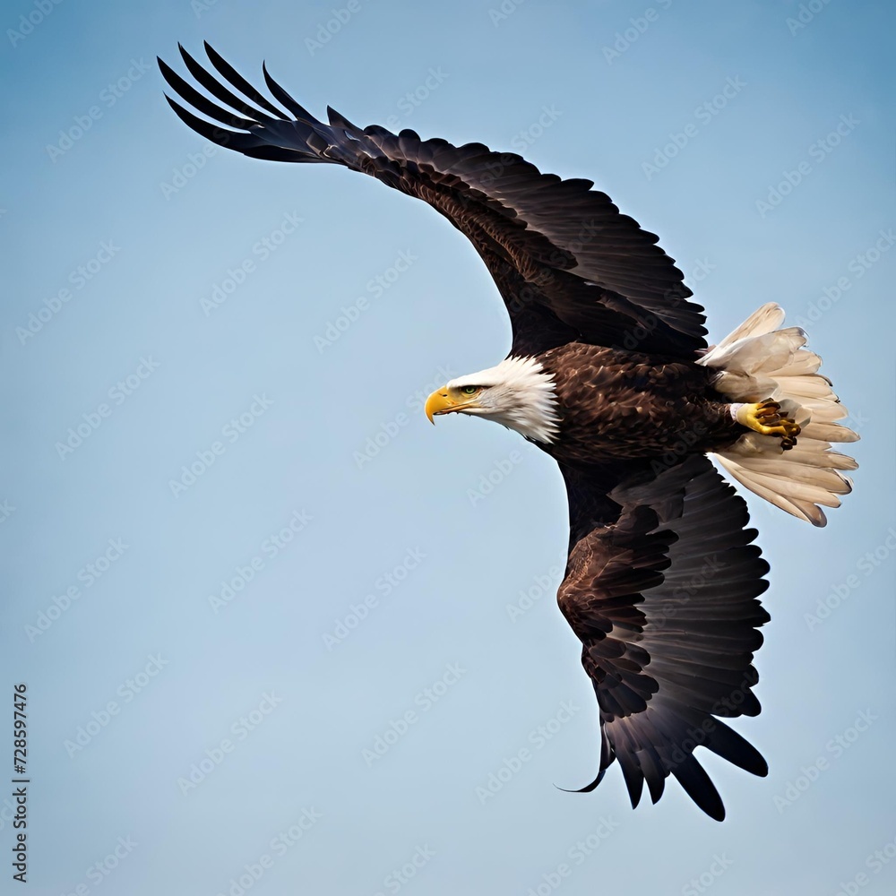Regal bald eagle soaring high in the clear blue sky Regal bald eagle soaring high in the clear blue sky