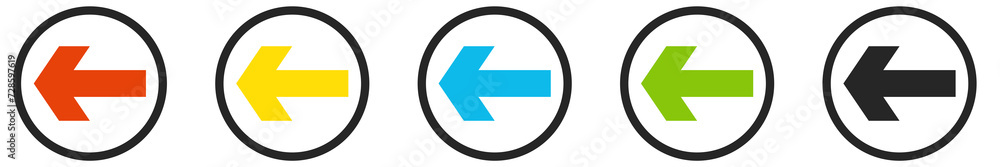 Pfeil Icons nach links im Kreis in rot, gelb, blau, grün und schwarz Pfeil Icons nach links im Kreis in rot, gelb, blau, grün und schwarz
