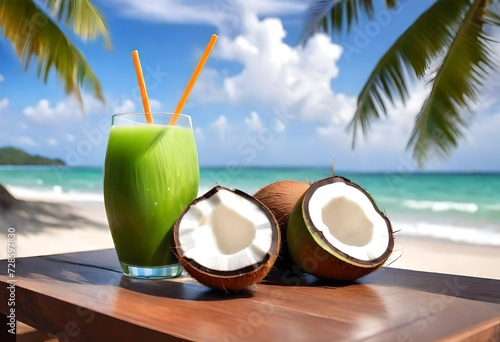 Coconut juice (coconut water) in fresh green coconut on wooden table with coconut palm tree on beach and blue sky blurred background. Vacation and holiday concept. Copy space