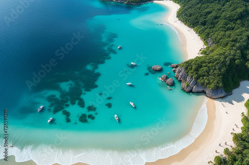 Aerial view of amazing tropical ocean beach, summer vacation idyllic resort. Top view of sea waves. Summertime nature concept. Copy ad text space. Generative Ai illustration
