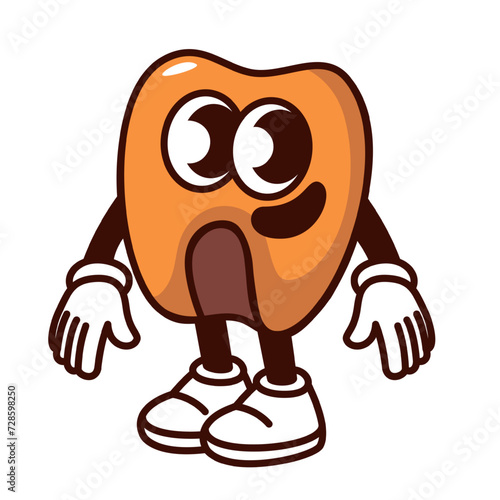 Groovy cartoon corn seed character with smile and big eyes. Funny retro maize kernel for sweet popcorn, yellow corn mascot. Cartoon sweetcorn emoji, food sticker of 70s 80s style vector illustration