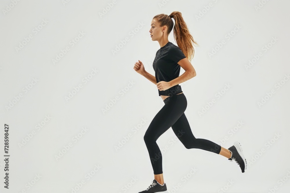 Woman Running in Black Top and Leggings