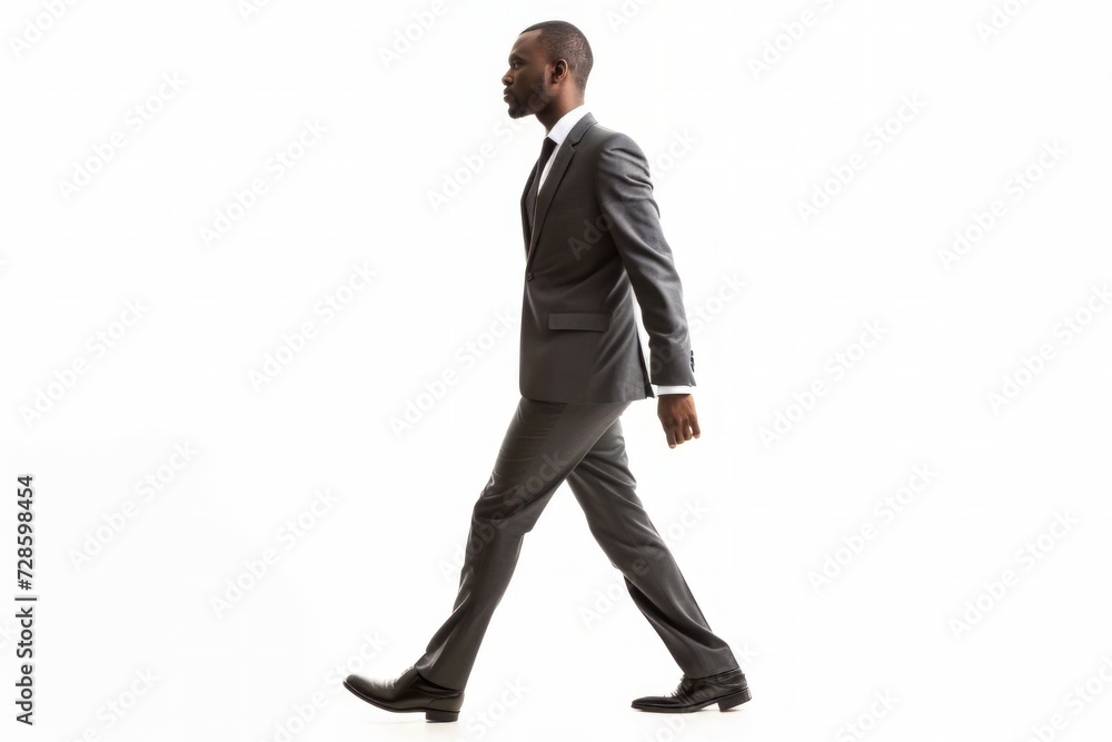 Man in Suit Walking Across White Background