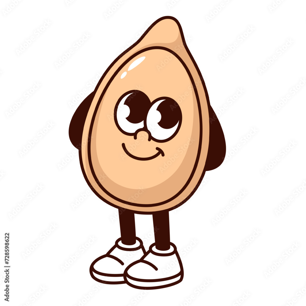 Groovy cartoon pumpkin seed character with cute face. Funny retro dry grain in shell standing in modest pose, pumpkin mascot with arms and legs, cartoon sticker of 70s 80s style vector illustration Groovy cartoon pumpkin seed character with cute face. Funny retro dry grain in shell standing in modest pose, pumpkin mascot with arms and legs, cartoon sticker of 70s 80s style vector illustration