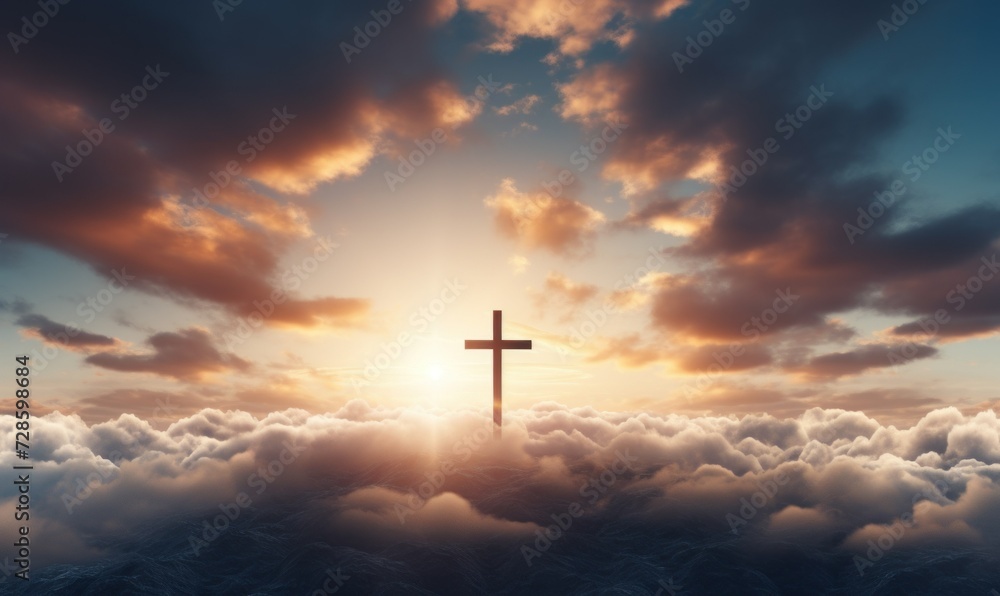 cross in the clouds: Easter's symbol of redemption - obrazy, fototapety, plakaty 