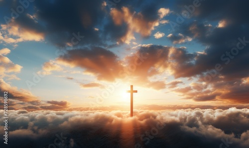 A cross breaking through the clouds, engulfed in radiance, a symbol of redemption and resurrection, Holy Easter, the crucifixion of Jesus