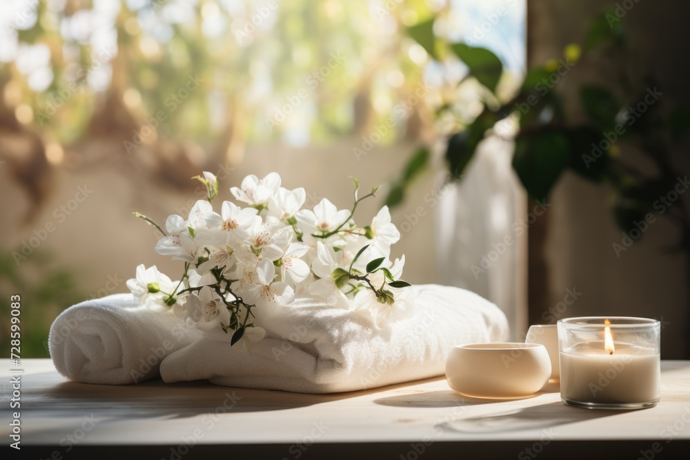 Peaceful spa setting: vacant massage table, pristine towels, aromatic oils, candles, flowers, and sunlight. Promotes tranquility and well-being