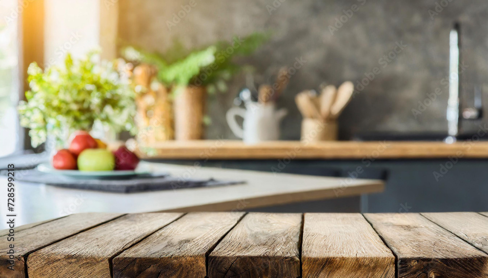 Empty beautiful wood table top counter and blur bokeh modern kitchen interior background in clean and bright,Banner, Ready for product montage. Empty beautiful wood table top counter and blur bokeh modern kitchen interior background in clean and bright,Banner, Ready for product montage.