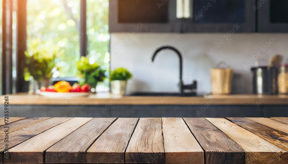 Empty beautiful wood table top counter and blur bokeh modern kitchen interior background in clean and bright,Banner, Ready for product montage. Empty beautiful wood table top counter and blur bokeh modern kitchen interior background in clean and bright,Banner, Ready for product montage.