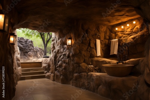 Bathroom in a cave  eco-friendly coexistence of nature and civilization with modern technologies  comfort in nature
