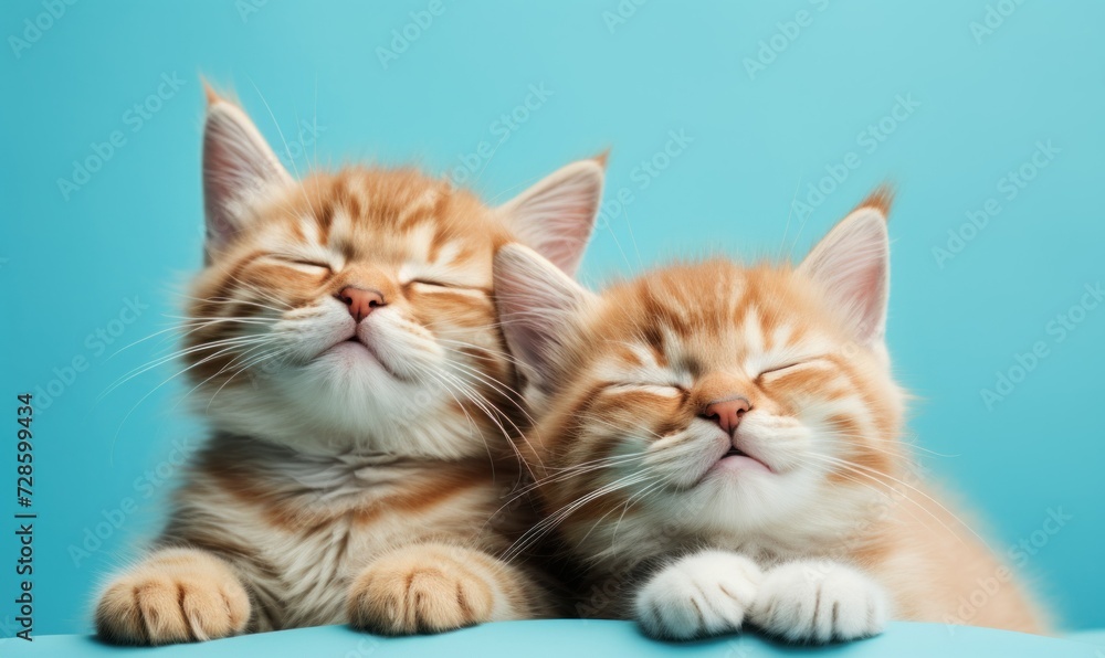 two red cute smiling kittens sleeping on a blue background