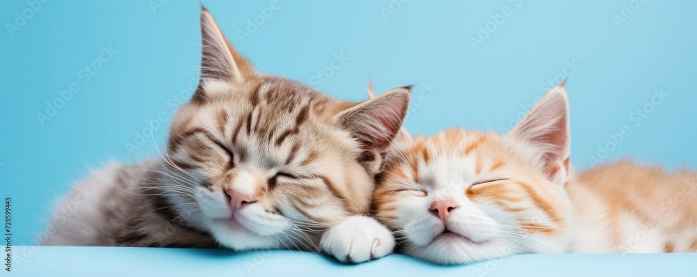 two cute kittens sleeping on a blue background