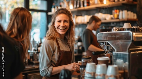 Smiling Woman Behind Coffee Bar