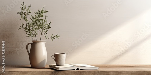 Minimalist Mediterranean-inspired decor. Textured vase with olive tree branches and coffee cup. Books on wooden table. Living room scene. Blank wall for customization. Contemporary interior