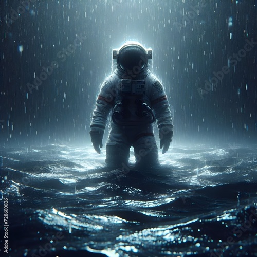 An astronaut floating in the ocean showing loneliness and darkness, 4k wallpaper, rain