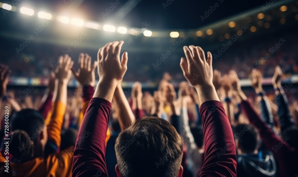 Ecstatic Atmosphere: Football Fans Celebrating in Stadium - obrazy, fototapety, plakaty 