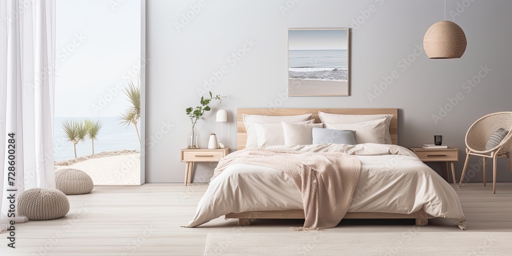 Minimalist Scandinavian interior in beach-themed apartment with a beige bedroom and simple decor.