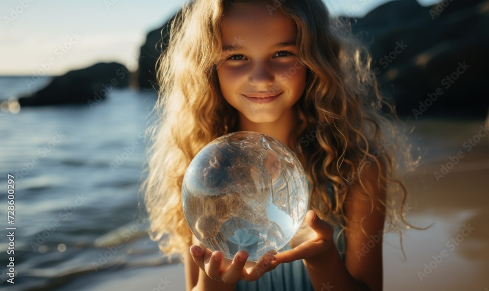 Naklejka premium A girl delicately cradles a glass sphere, symbolizing the fragility of our planet and promoting environmental awareness on Earth Day. A poignant reminder of our responsibility to protect the Earth