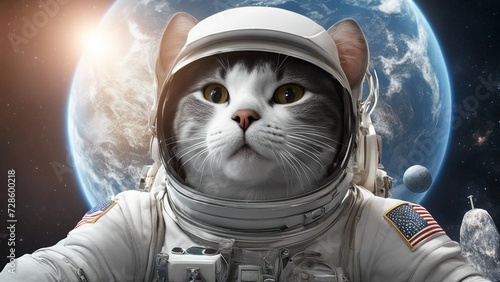 cat in the sky Cat astronaut in space on background of the globe. 