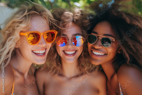 Three best friends enjoy a sun-soaked summer day together, laughing and capturing memories on the beach with tropical vibes all around.