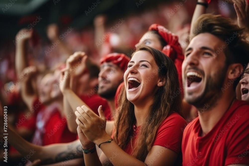 Fototapeta premium Football fans exhibit emotional reactions at the championship match. Support, jubilation, and disappointment accompany each moment on the field, contributing to an intense sports atmosphere
