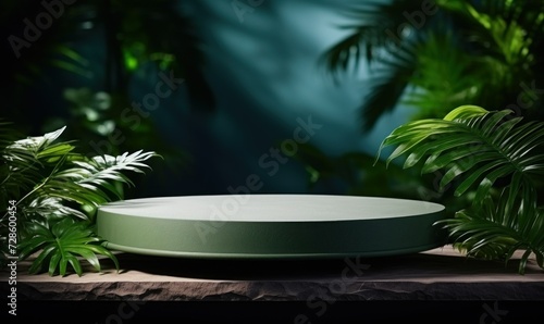 Present cosmetic products elegantly on a stone tray-podium placed on a wooden table  accented by vibrant succulent leaves against a green background