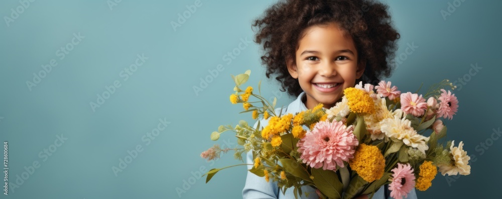 Happy innocent smiling child girl with a bouquet of wild flowers, congratulations to mom, grandmother