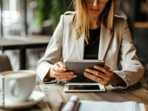 A business woman working on a tablet in a flexible work setting