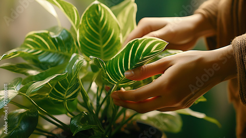 Hand holding green leaves of plants. Plants care concept