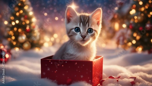 highly intricately detailed photograph of   Kitten in a Christmas present surrounded by huge amount  of glowing snow 