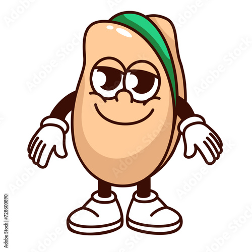 Groovy cartoon pistachio character with happy smile. Funny retro nut with arms and legs standing, cartoon pistache mascot, pistachio with green seed sticker of 70s 80s style vector illustration