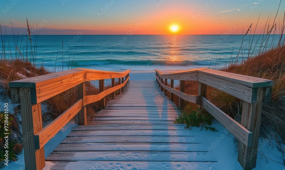 Fototapeta premium Long boardwalk leading to white sand beach and ocean at sunset
