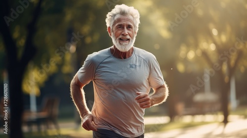 Senior man going for a run, old man living a healthy lifestyle for longevity in park in morning, Generative AI.
