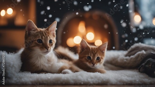 cat in the snow A heartwarming gathering of a kitten , snuggled together on a plush velvet cushion, 