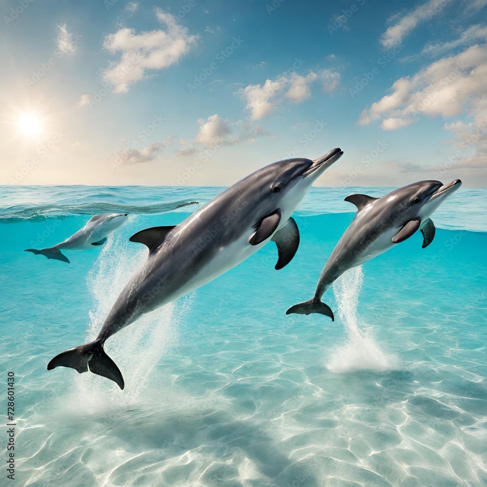 Fototapeta premium Playful dolphins frolicking in crystal-clear ocean waters