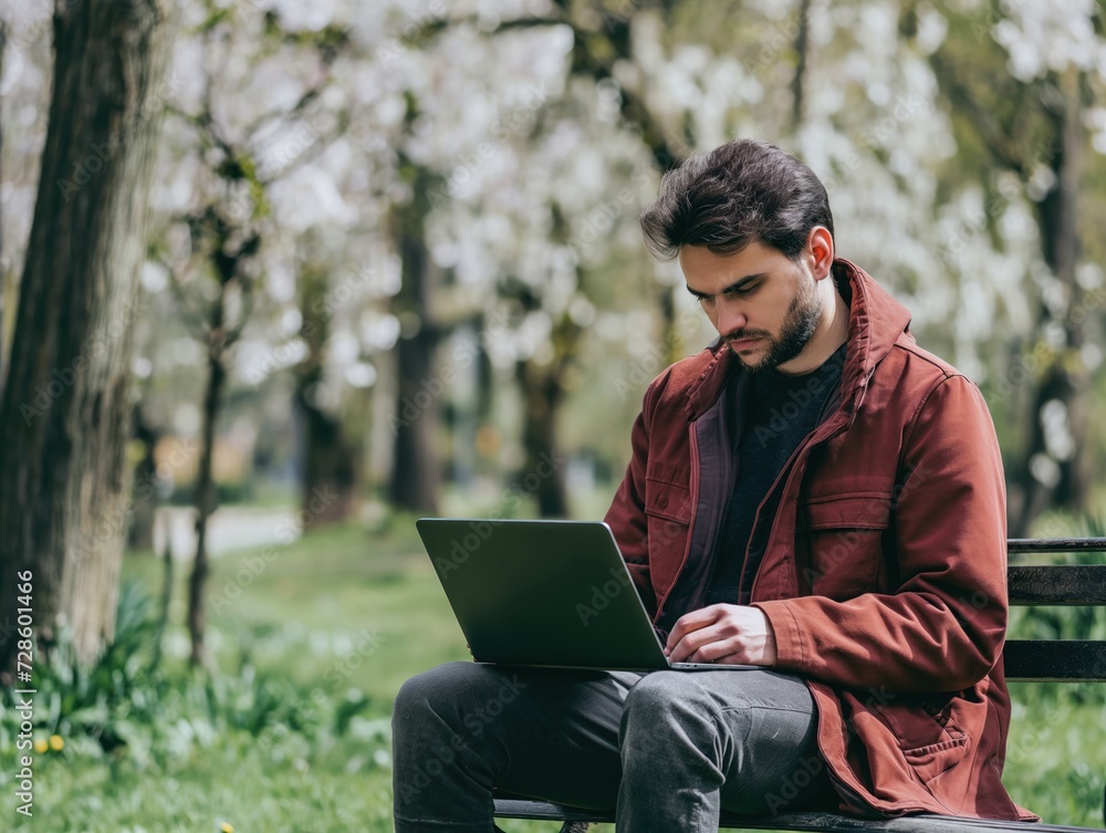A man using a laptop for remote work in a park