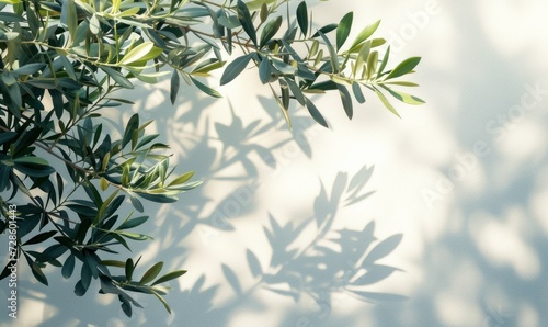 Mediterranean. Shadows of olive tree leaves, branches over white wall. Summer background, sunlight overlay, empty copy space