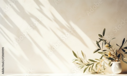 Mediterranean concept. Shadows of olive tree leaves, branches over a white wall. Branches in a vase. Summer background, sunlight overlay, empty copy space