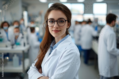 Beautiful young woman scientist wearing white coat and glasses in modern Medical Science Laboratory with Team of Specialists on background, Generative AI