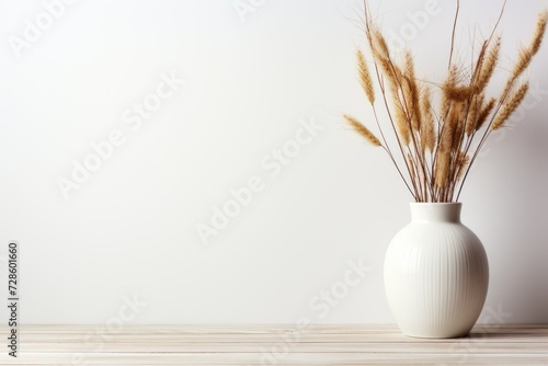 Modern white ceramic vase with dry herbs on a table, minimalist decor