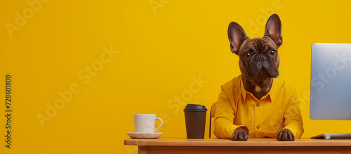 dog Dressed As Businessman Works At Desk On Computer photo