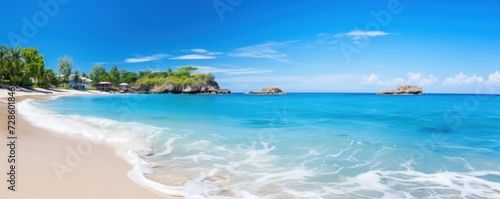 panoramic paradise with white sandy beach, azure sea waves, palm trees