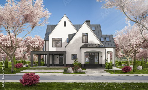 3d rendering of cute cozy white and black modern Tudor style house with parking and pool for sale or rent. Fresh spring day with a blooming trees with flowers of sakura.