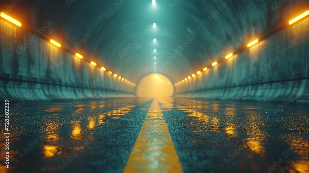 The view of the tunnel on the highway with empty asphalt road in 3D.