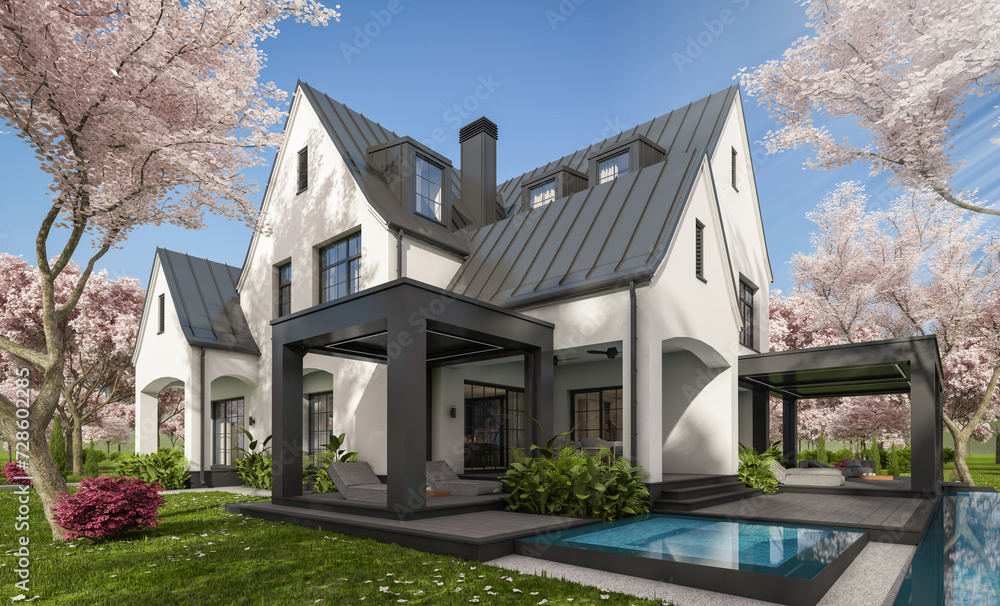 3d rendering of cute cozy white and black modern Tudor style house with parking and pool for sale or rent. Fresh spring day with a blooming trees with flowers of sakura. 3d rendering of cute cozy white and black modern Tudor style house with parking and pool for sale or rent. Fresh spring day with a blooming trees with flowers of sakura.